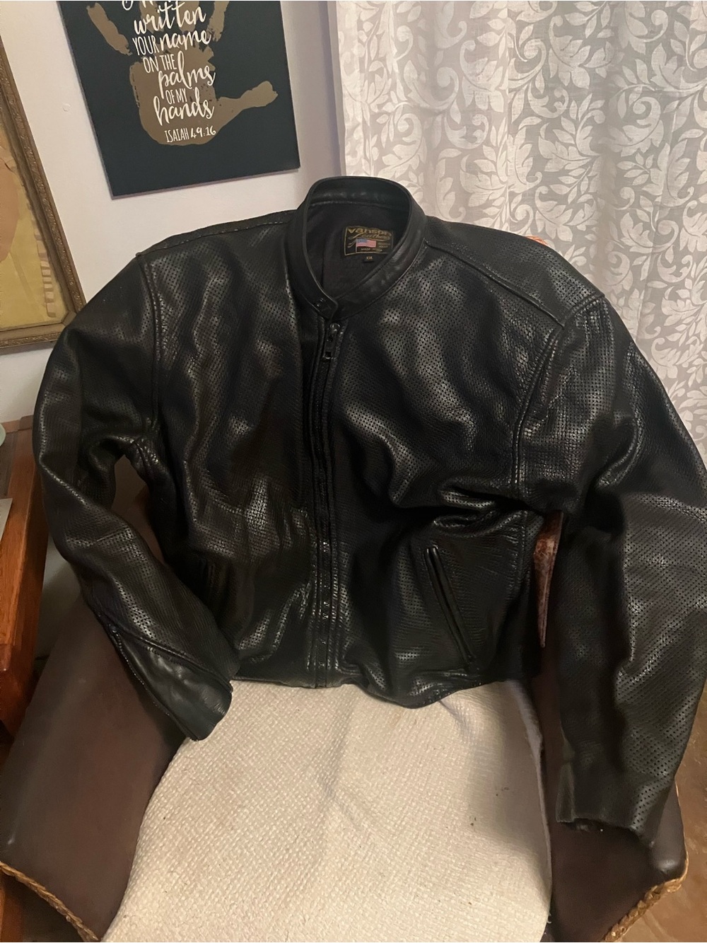 Vanson Black Perforated Leather Bomber Jacket - Picture 3 of 8